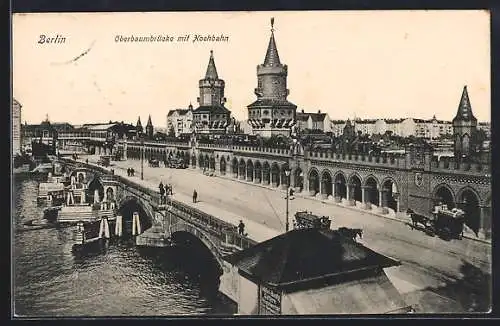 AK Berlin-Friedrichshain, Blick zur Oberbaumbrücke, Pferdegespann