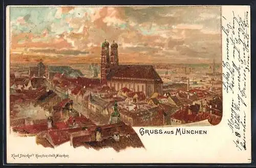 Lithographie München-Au, Teilansicht mit Blick auf die Frauenkirche aus der Vogelschau