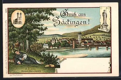 Lithographie Bad Säckingen, Panorama, Heiligenfigur, St. Fridolin