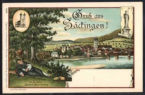 Lithographie Bad Säckingen, Panorama, Heiligenfigur, St. Fridolin