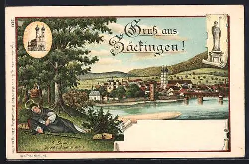 Lithographie Bad Säckingen, Panorama, Heiligenfigur, St. Fridolin