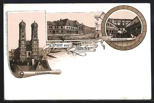 Lithographie Münchner Hofbräuhaus, Frauenkirche