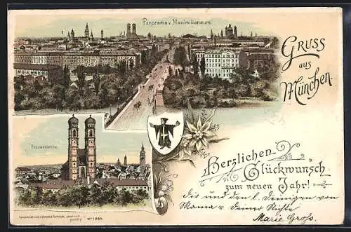 Lithographie München-Au, Frauenkirche und Panorama vom Maximilianeum aus