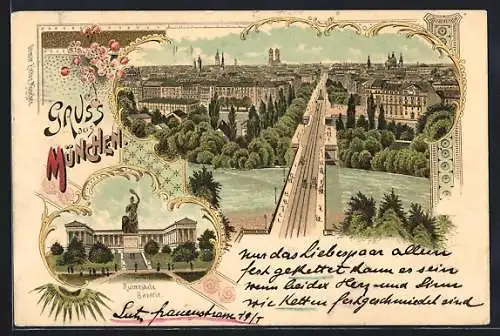 Lithographie München, Ortsansicht mit der Ruhmeshalle Bavaria