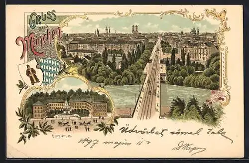 Lithographie München, Georgianum, Blick über die Dächer der Stadt