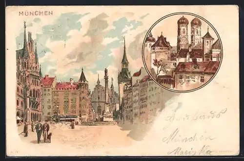 Lithographie München-Au, Teilansicht mit Frauenkirche