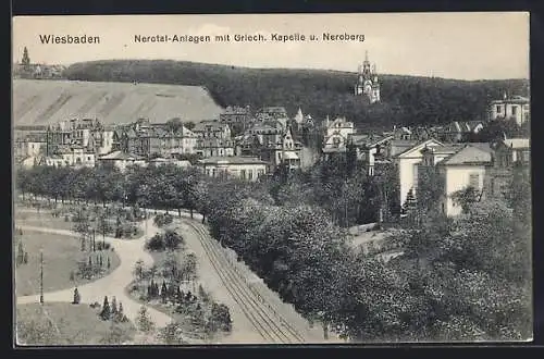 AK Wiesbaden, Nerotal-Anlagen mit Griech. Kapelle und Neroberg