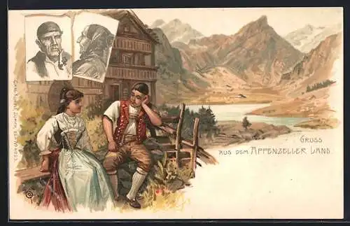 Lithographie Appenzell, Paar in Tracht sitzt vor dem Haus, Altes Ehepaar