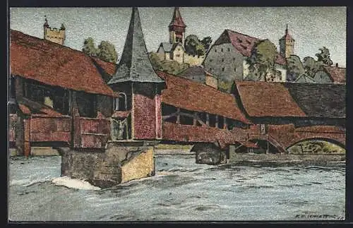 Künstler-AK Ernst E. Schlatter: Luzern, Blick zur Spreuerbrücke