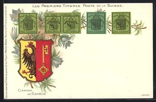 AK Briefmarken und Wappen aus dem Kanton Genf