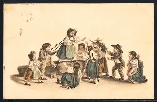 AK Kinder versammeln sich um einen Stein, Kinderfürsorge, Gottfried Mind 1768-1814