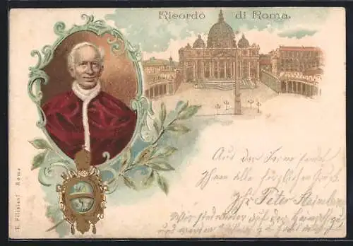 Lithographie Roma, Porträt Papst Leo XIII., Petersdom