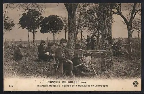 AK Section de Mitrailleuses en Champagne, schweizer Soldaten mit Maschinengewehr in Feuerstellung