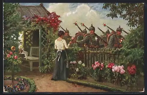 AK Völkerkrieg 1914-15, Soldaten beim Ausmarsch, Frau am Gartenzaun mit Blume