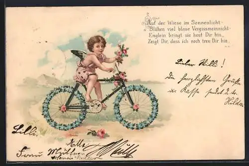 Lithographie Auf der Wiese im Sonnenlicht, Engel auf Vergissmeinnicht-Fahrrad