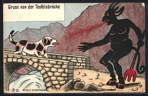 Lithographie Teufelsbrücke, Hund verbellt feuerspeiendes Teufelswesen