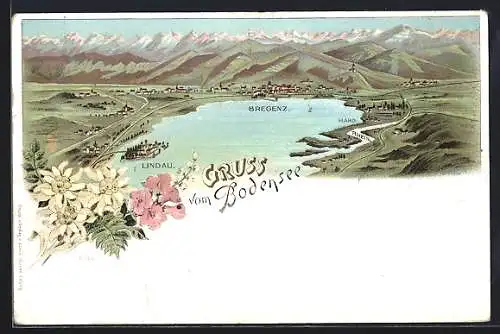 Lithographie Lindau / Bodensee, Panorama Landkarte, Gebirge und Nachbarorte, Blumen