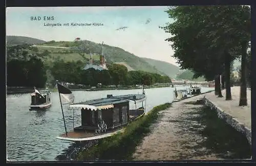 AK Bad Ems, Lahnpartie mit Katholischer Kirche