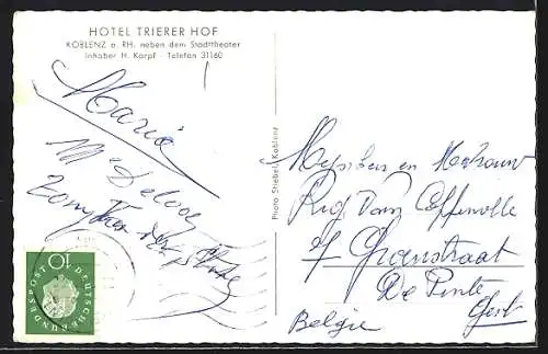 AK Koblenz a. Rh., Hotel Trierer Hof neben dem Stadttheater