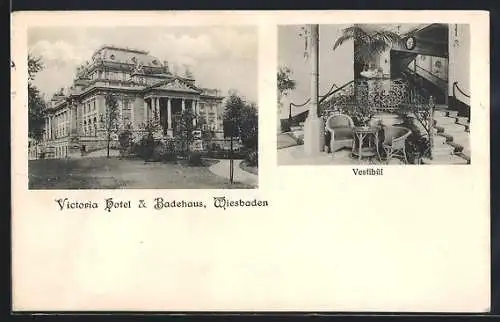 AK Wiesbaden, Victoria Hotel und Badehaus, Blick ins Vestibül