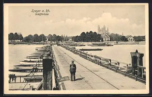 AK Speyer a. Rh., Schiffbrücke, Im Hintergrund Kirche