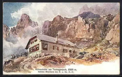 Künstler-AK Edward Theodore Compton: Kölnerhütte, Partie an der Berghütte mit Tschagerjoch