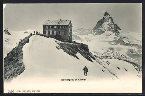 AK Schutzhaus auf dem Gornergrat mit Cervin, Aussicht von der Berghütte zum Matterhorn