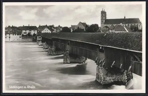 AK Bad Säckingen, Uferpartie mit Rheinbrücke