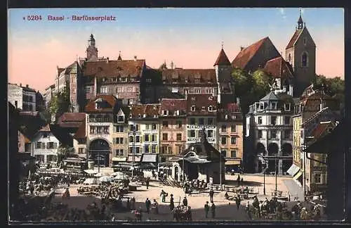 AK Basel, Barfüsserplatz mit Strassenbahn