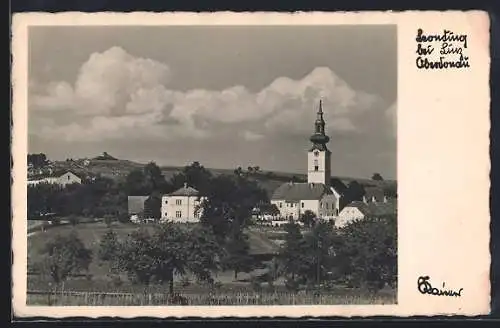 AK Leonding b. Linz, Ortspartie mit Kirche vom Feld aus gesehen