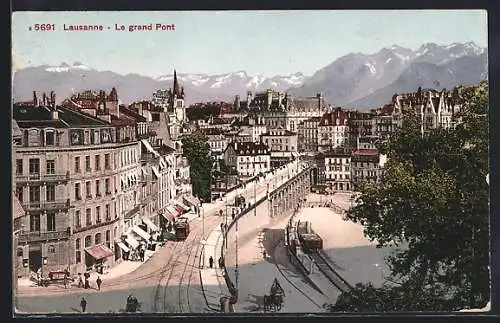 AK Lausanne, Le grand Pont, Strassenbahn