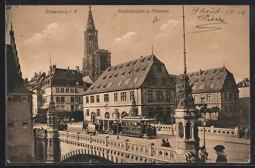 AK Strassburg, Rabenbrücke mit Strassenbahn