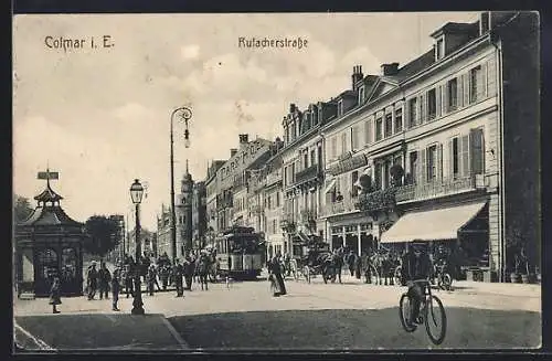 AK Colmar, Strassenbahn auf der Kaiserstrasse, Radfahrer