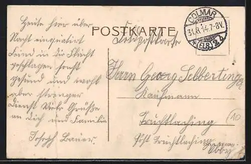 AK Colmar, Strassenbahn auf der Kaiserstrasse, Radfahrer