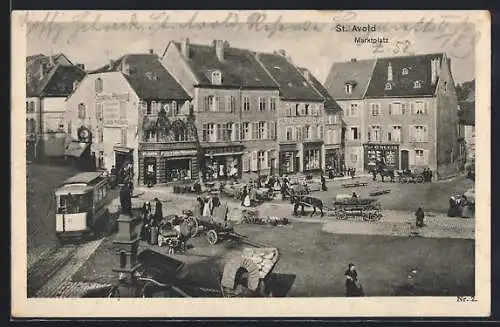 AK St. Avold, Marktplatz mit Pferdkutschen u. Strassenbahn