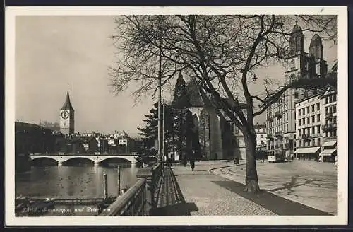 AK Zürich, Sonnenquai & Peterturm, Strassenbahn