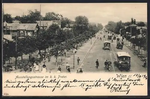 AK Wiener Prater, Austellungsstrasse mit Pferdebahn