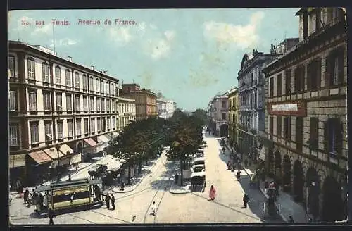 AK Tunis, Avenue de France, Strassenbahn