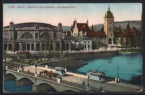 AK Zürich, Strassenbahn auf Brücke mit Blick auf Bahnhof u. Schweiz. Landesmuseum