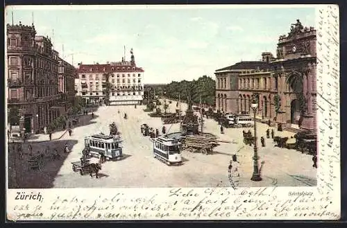 AK Zürich, Strassenbahnen auf dem Bahnhofplatz