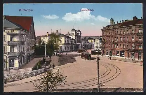 AK Winterthur, Bahnhofplatz mit Strassenbahn