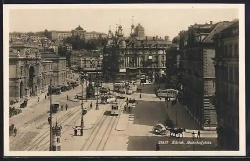 AK Zürich, Bahnhofplatz mit Geschäften und Strassenbahn