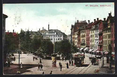 AK St. Gallen, Marktplatz mit Strassenbahn