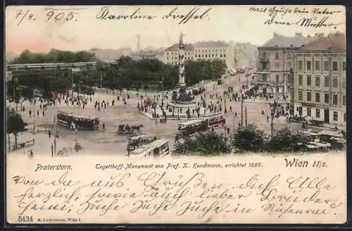 AK Wien, Strassenbahn am Praterstern, Tegetthoff-Monument