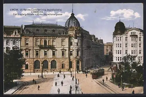 AK Lemberg, Strassenbahn auf der Carl Ludwig-Strasse u. Ecke Jagiellonergasse