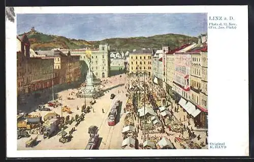 AK Linz a. D., Platz d. 12. Nov. mit Strassenbahnen