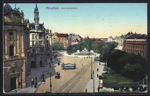 AK München, Ausblick über den Lenbachplatz mit Strassenbahnen und Litfasssäule