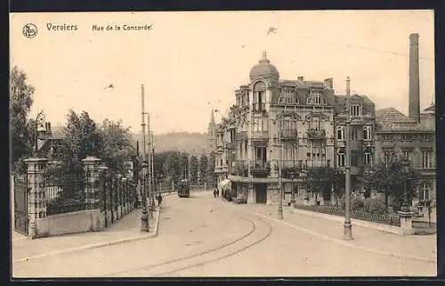 AK Verviers, Rue de la Concorde, Strassenbahn