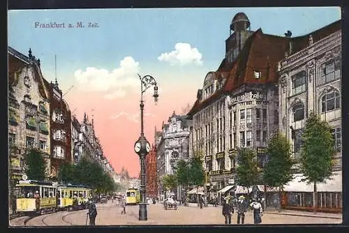 AK Frankfurt a. M., Blick in die Zeil mit Strassenbahnen