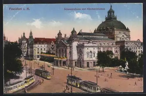 AK Frankfurt a. M., Schauspielhaus mit Märchenbrunnen und Strassenbahn